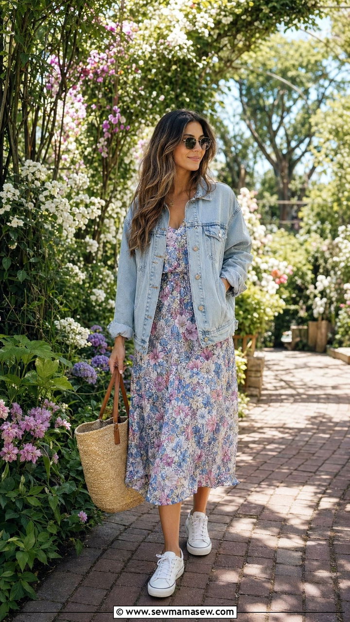 Denim jacket with floral midi dress outfit - 35 Preppy outfits 2026