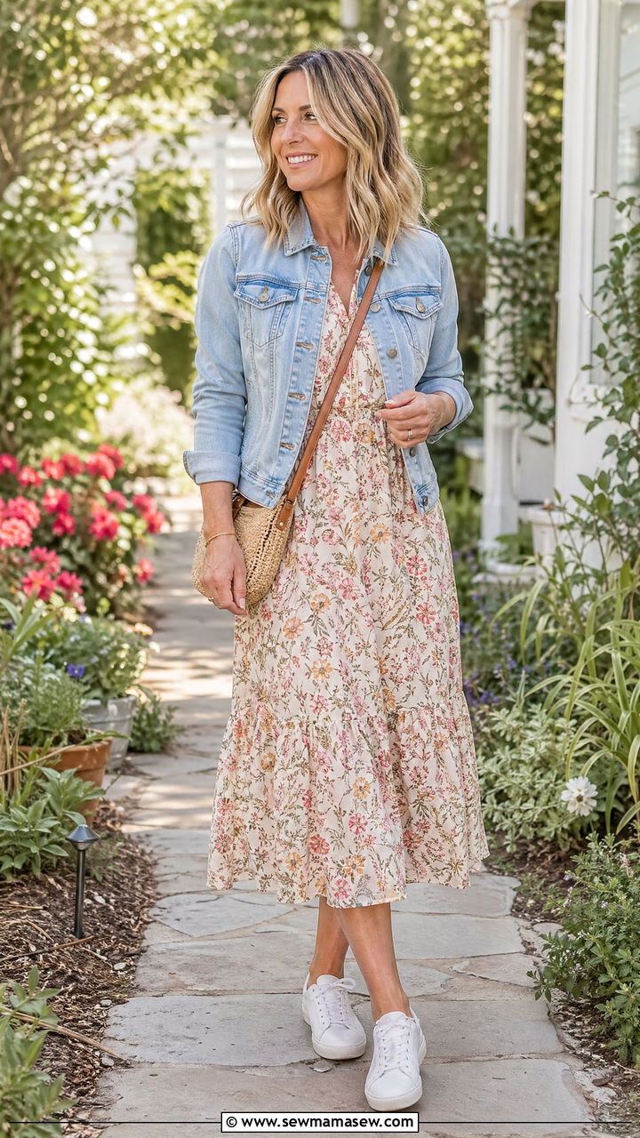 Denim jacket with floral midi dress outfit - 35 Spring capsule wardrobe for women over 40