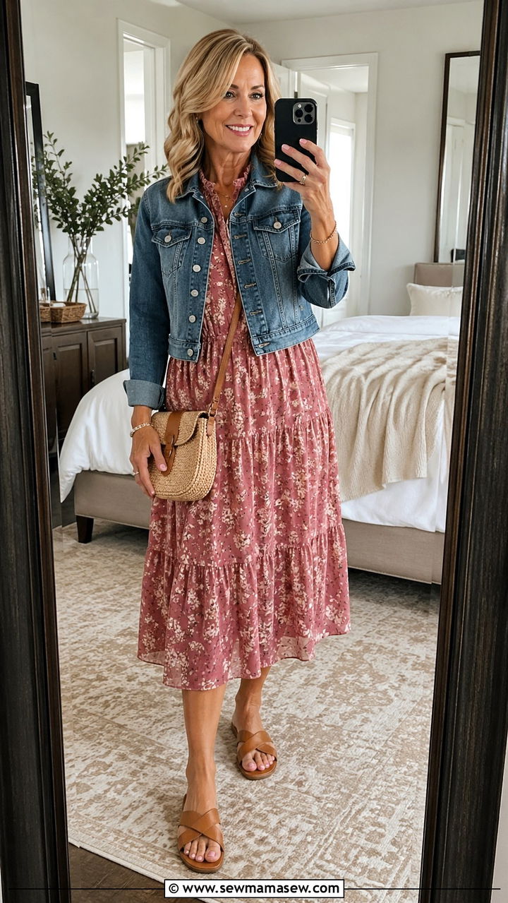 Denim jacket with floral midi dress - 30 Sophisticated outfit ideas for women over 50