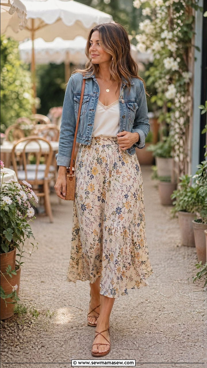 Denim jacket with floral midi skirt - 35 denim jacket outfit ideas for women