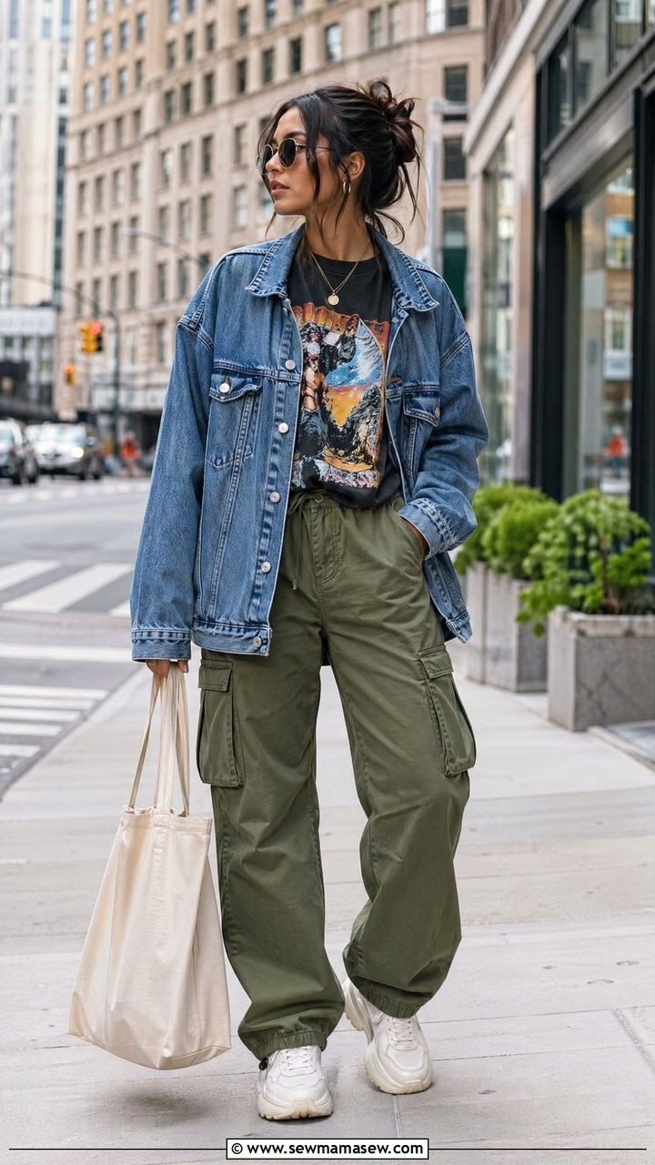 Denim jacket with graphic tee and cargo pants - 35 denim jacket outfit ideas for women