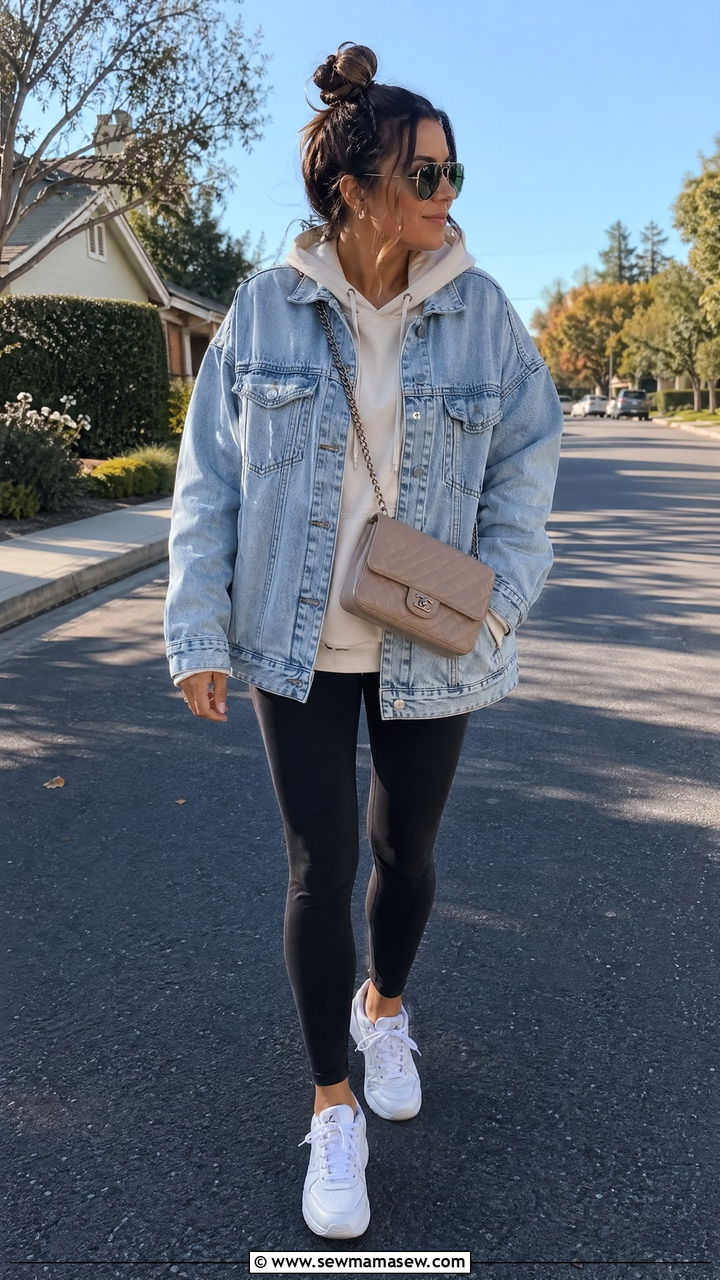 Denim jacket with hoodie and leggings - 35 denim jacket outfit ideas for women