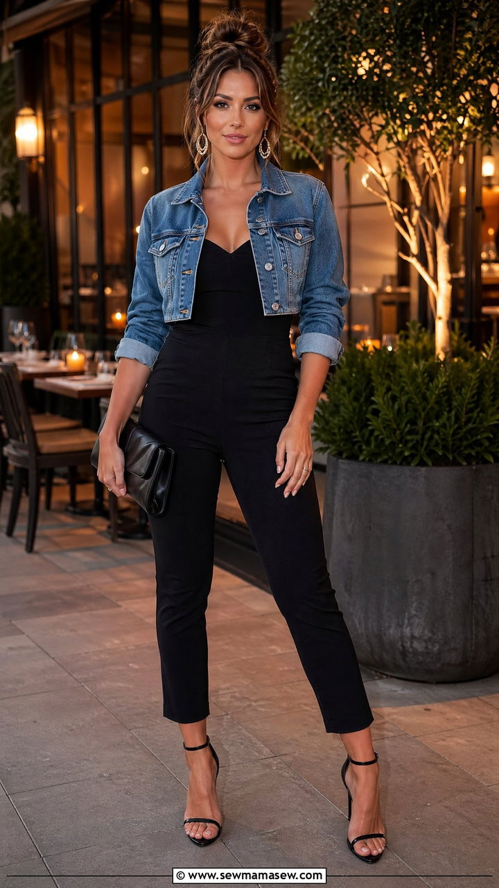 Denim jacket with jumpsuit and heels - 35 denim jacket outfit ideas for women