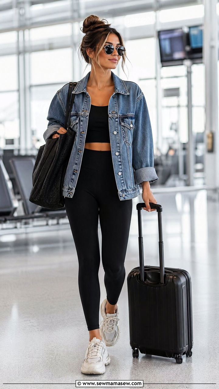 Denim jacket with leggings and crop top - 35 Summer outfits with denim jackets