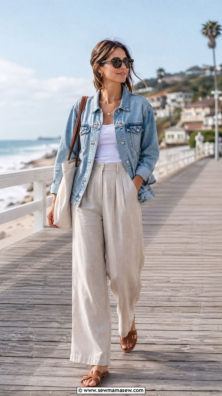 Denim jacket with linen pants for summer - 35 denim jacket outfit ideas for women
