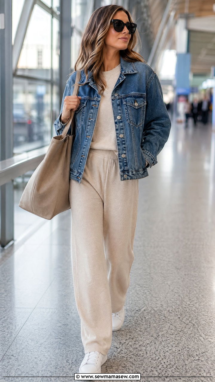 Denim jacket with matching lounge set - 35 denim jacket outfit ideas for women
