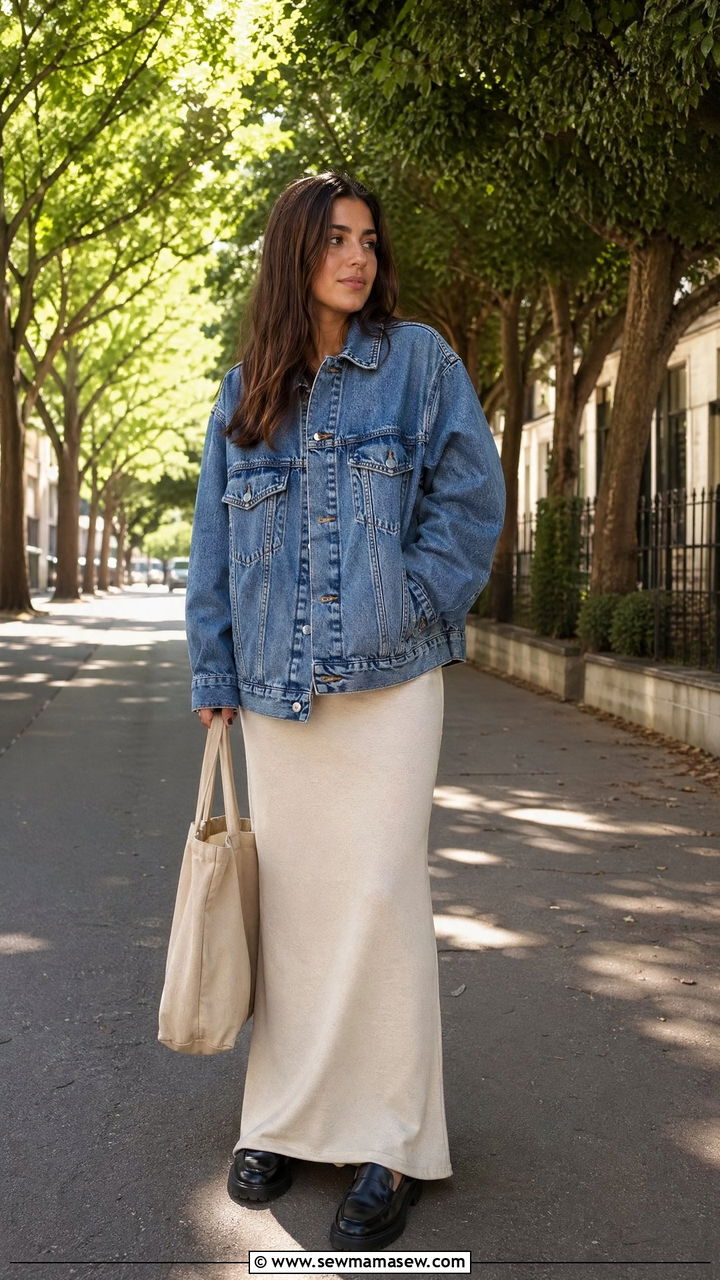 Denim jacket with maxi skirt and chunky loafers - 35 Streetwear spring outfits