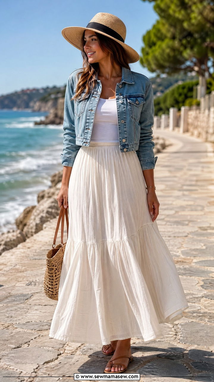 Denim jacket with maxi skirt and tank - 35 Summer outfits with denim jackets