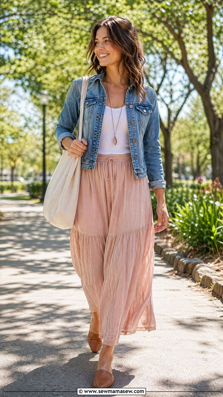 Denim jacket with maxi skirt and tank - 35 denim jacket outfit ideas for women