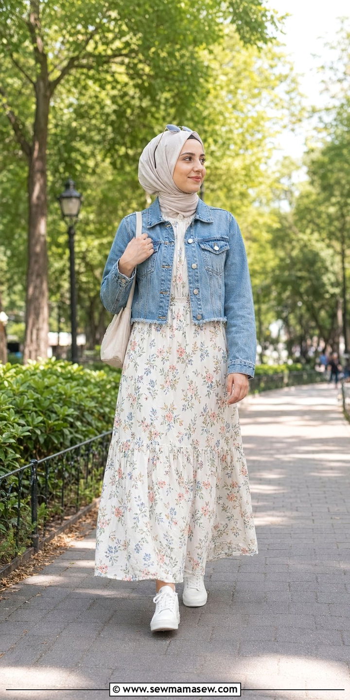 Denim jacket with maxi skirt - 35 Modest outfit ideas for Muslim women