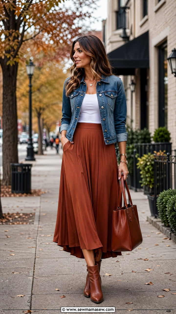 Denim jacket with midi skirt and ankle boots - 35 denim jacket outfit ideas for women