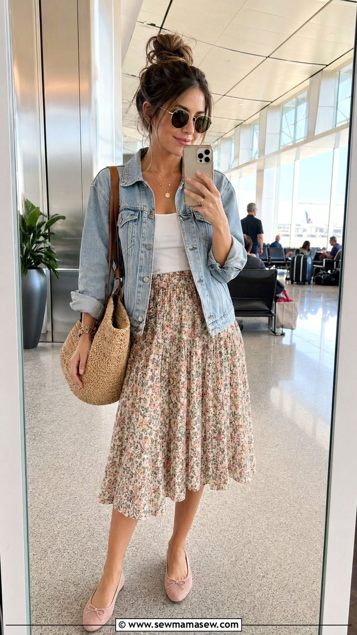 Denim jacket with midi skirt and ballet flats - 30 Airport outfit ideas with ballet flats