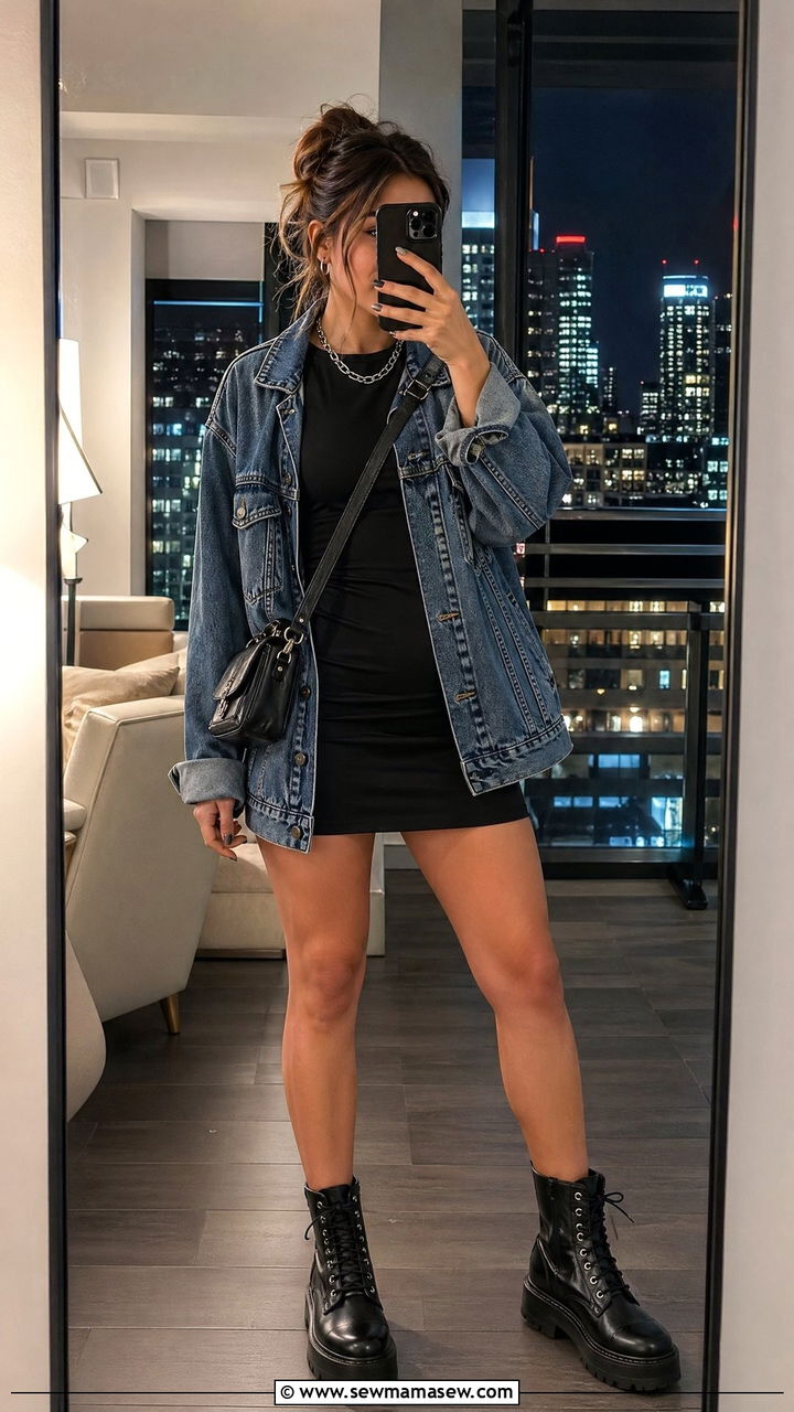 Denim jacket with mini dress and combat boots - 35 denim jacket outfit ideas for women