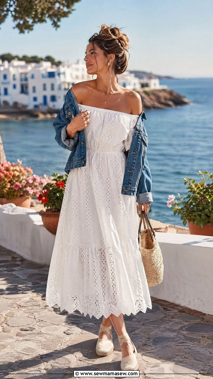 Denim jacket with off shoulder summer dress - 35 Summer outfits with denim jackets