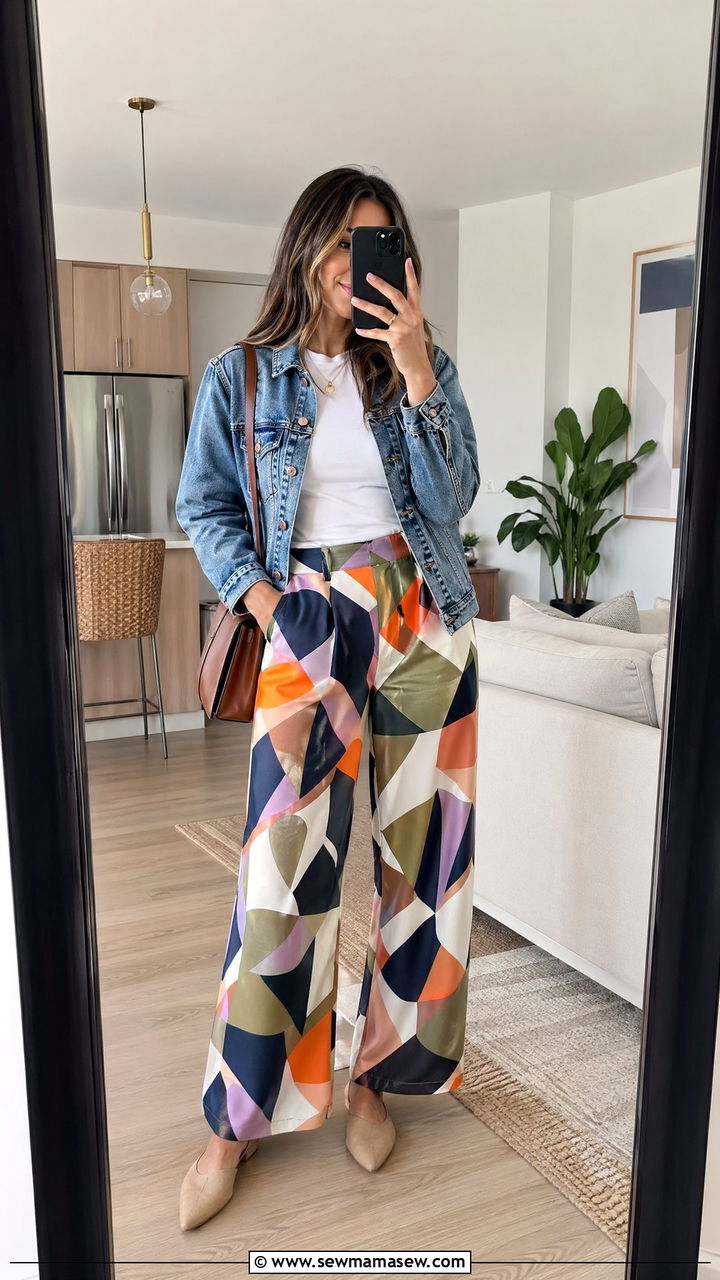 Denim jacket with printed pants outfit - 35 denim jacket outfit ideas for women