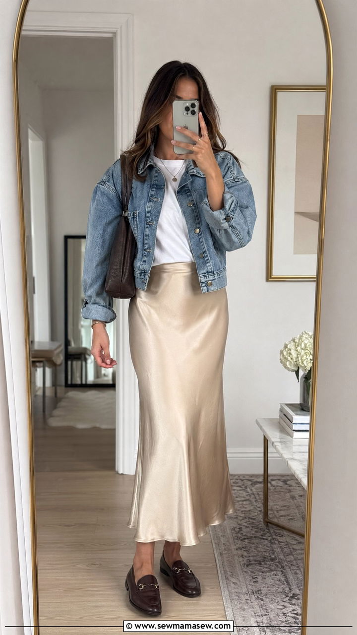 Denim jacket with satin slip skirt - 35 Summer outfits with denim jackets