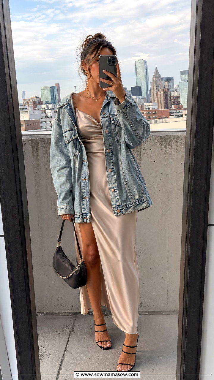Denim jacket with slip dress - 35 Summer outfits with denim jackets