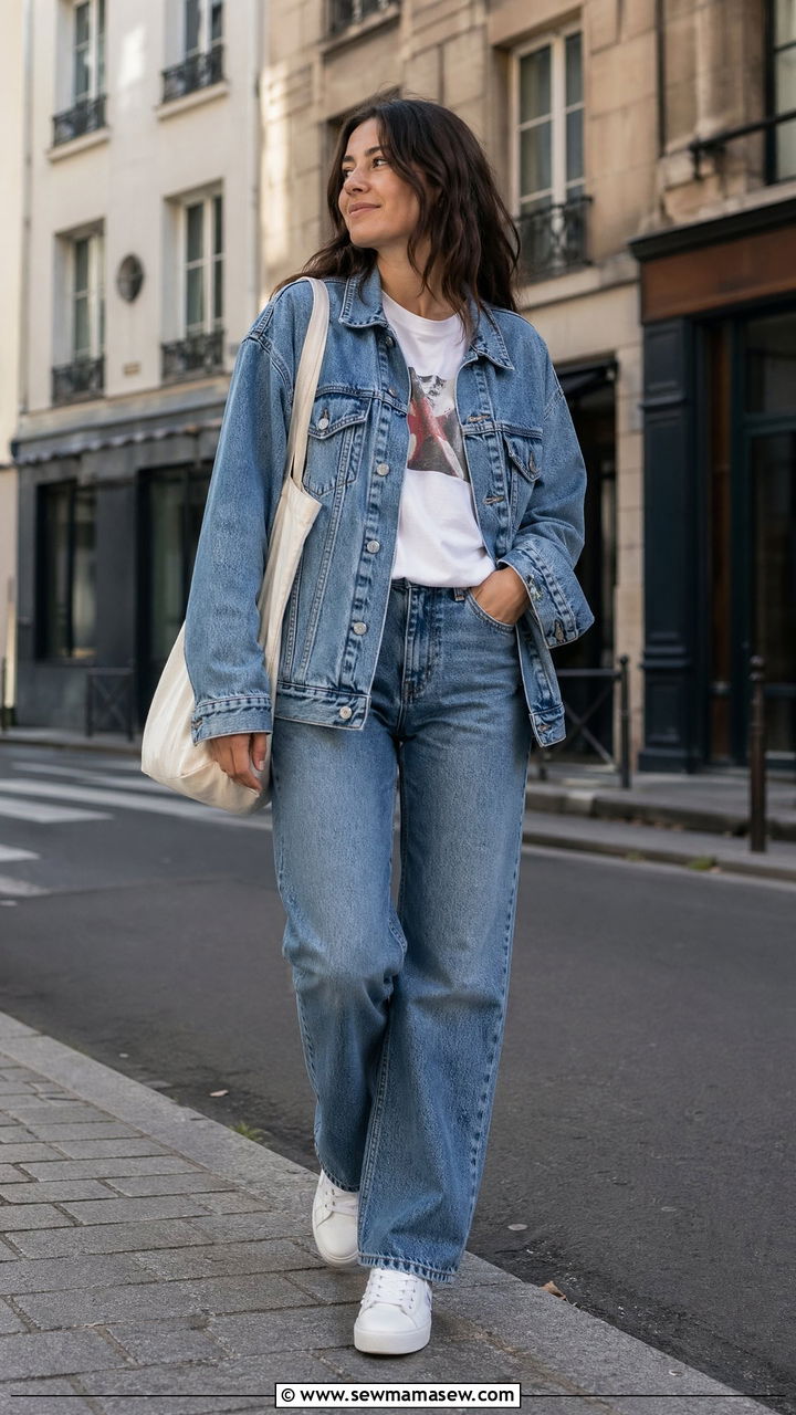 Denim jacket with straight leg jeans and a graphic tee - 35 spring effortless chic outfit ideas
