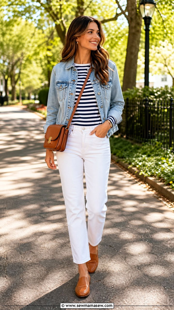 Denim jacket with striped shirt and white jeans - 35 denim jacket outfit ideas for women