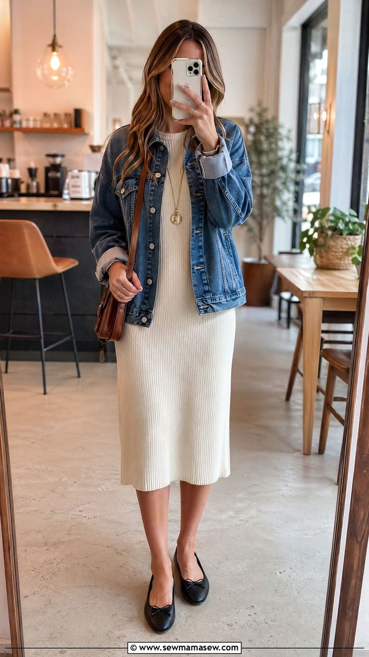 Denim jacket with sweater dress and ballet flats - 35 denim jacket outfit ideas for women