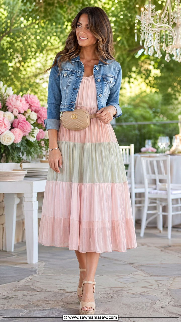 Denim jacket with tiered midi dress - 35 Summer outfits with denim jackets