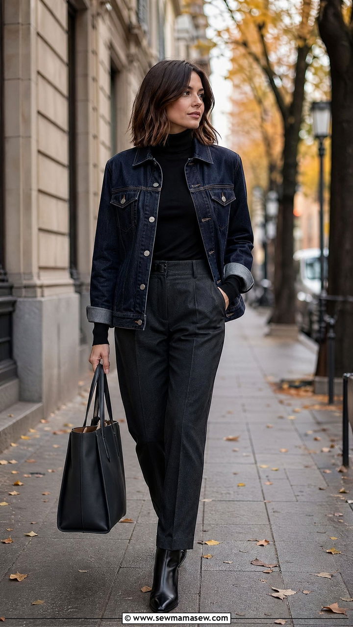 Denim jacket with turtleneck and trousers - 35 denim jacket outfit ideas for women