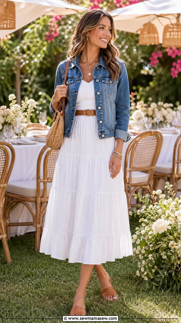 Denim jacket with white dress and tan accessories - 35 denim jacket outfit ideas for women