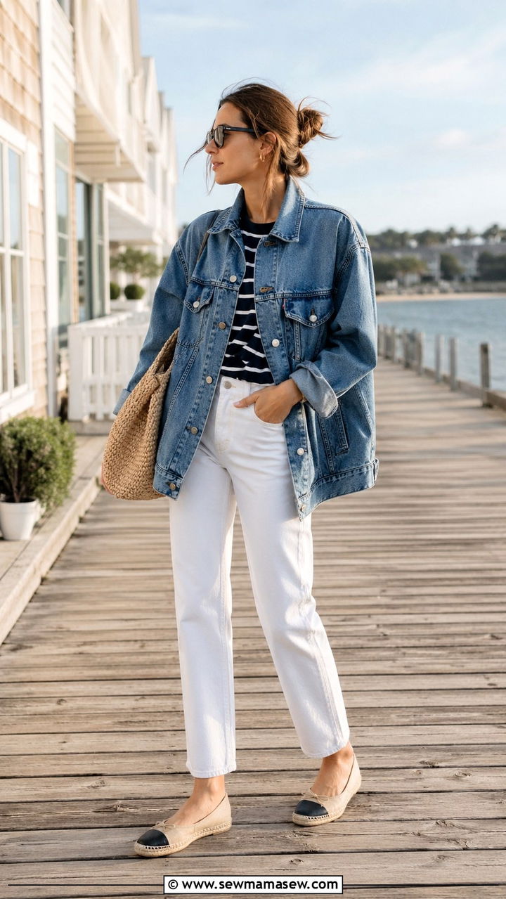 Denim jacket with white jeans - 30 Spring layering outfits