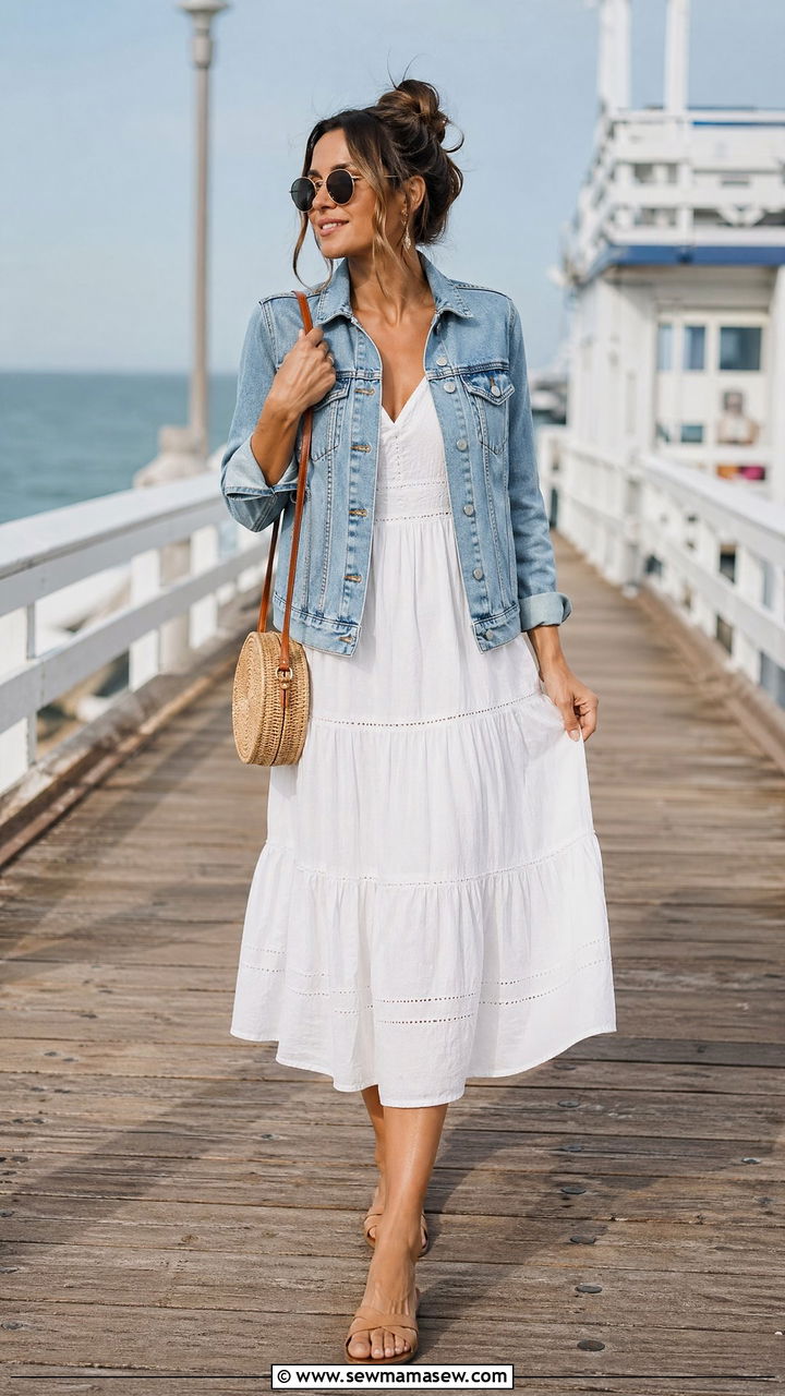 Denim jacket with white sundress - 35 Weekend getaway outfit ideas