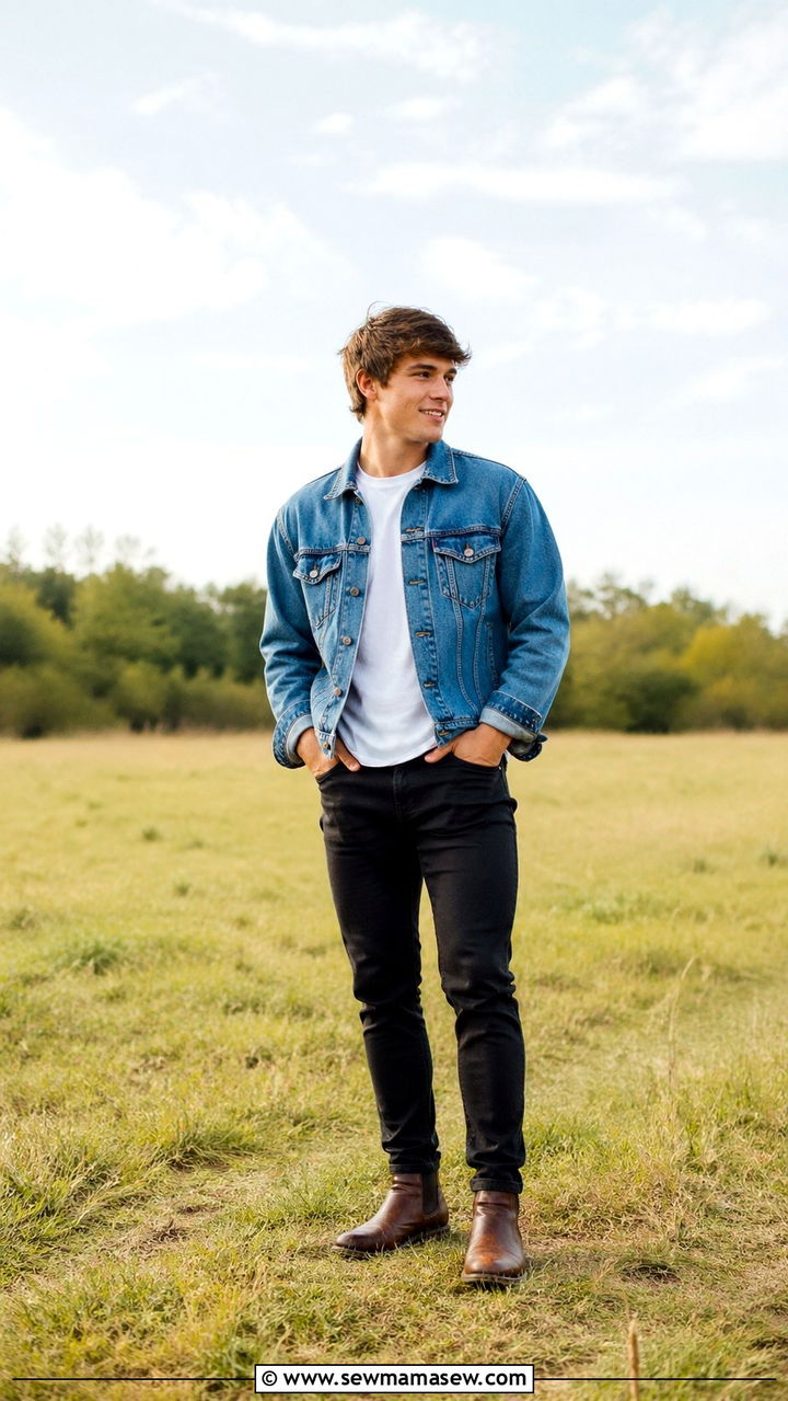 Denim jacket with white t shirt senior portrait - 30 Senior portrait outfit ideas guys