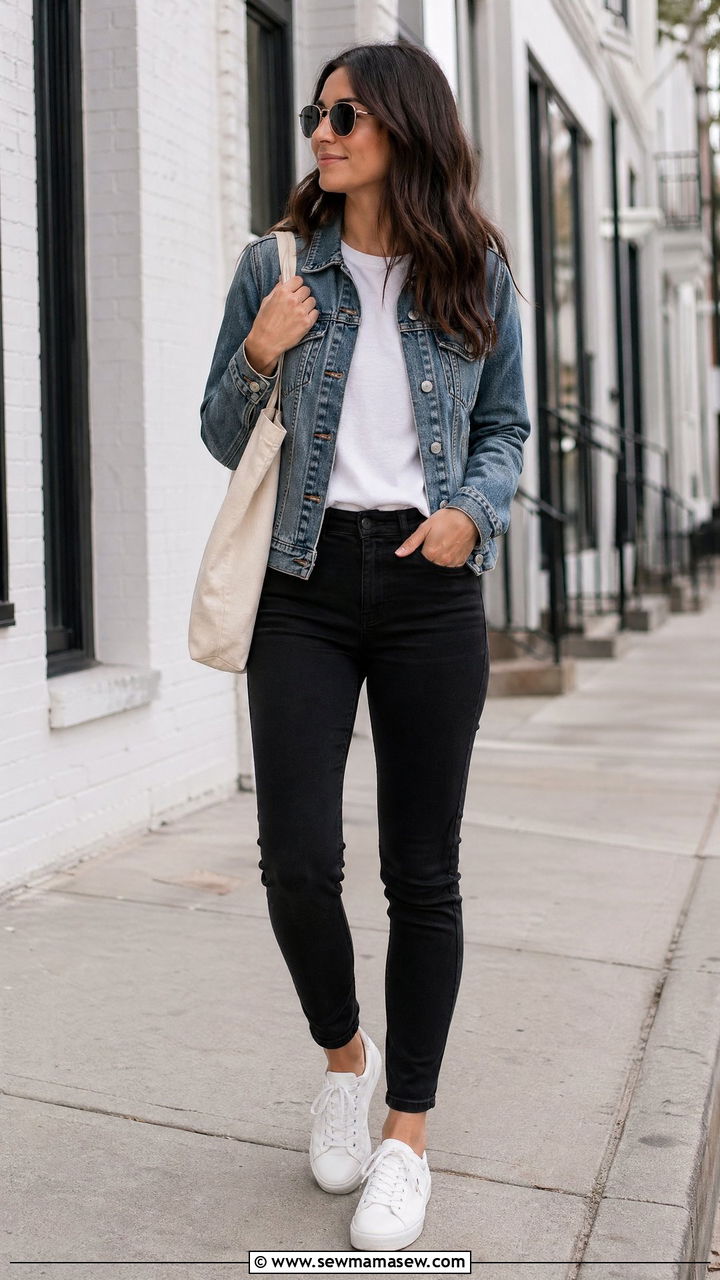 Denim jacket with white tee and black jeans - 35 denim jacket outfit ideas for women