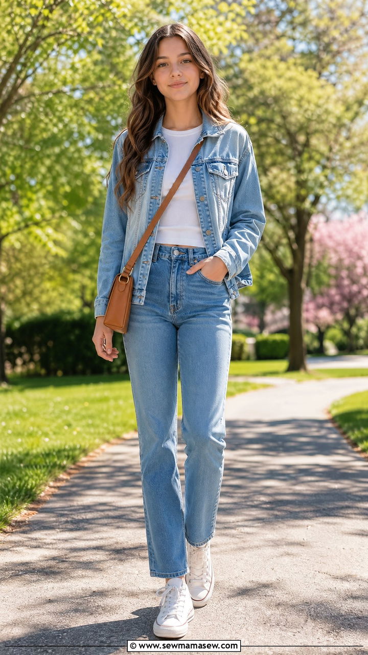 Denim jacket with white tee and straight leg jeans - 35 Spring outfits for teenage girls