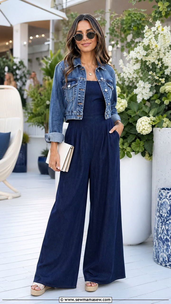 Denim jacket with wide leg jumpsuit - 35 Summer outfits with denim jackets