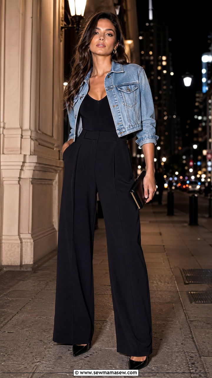 Denim jacket with wide leg trousers and bodysuit - 35 Summer outfits with denim jackets