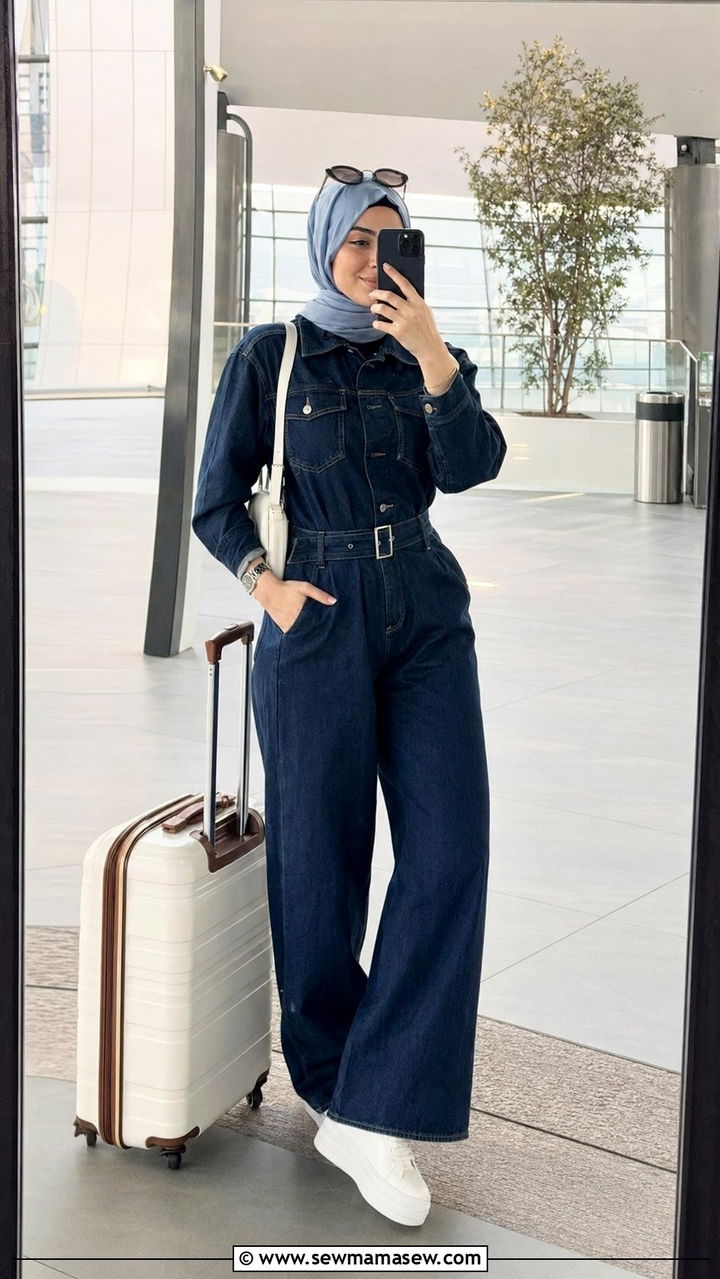 Denim jumpsuit with white sneakers - 35 Modest outfit ideas for hijabis