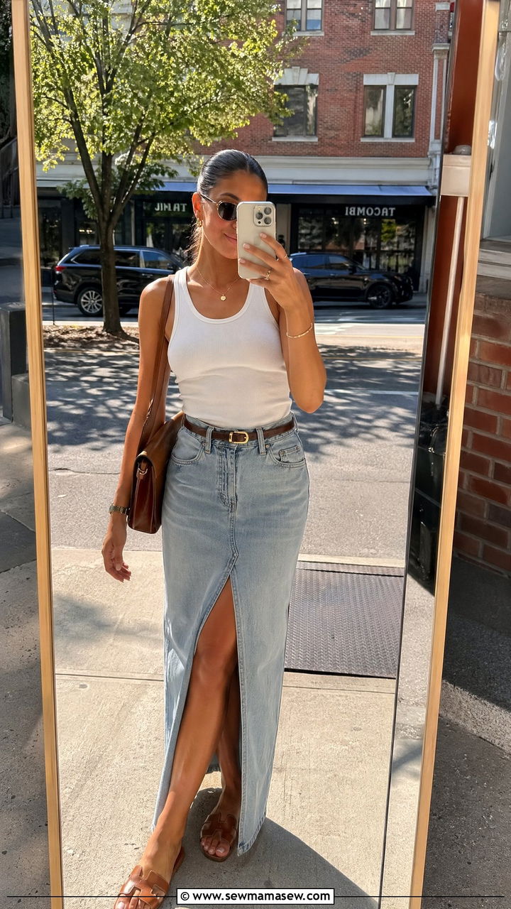 Denim maxi skirt with tank top outfit - 35 summer easy outfit ideas