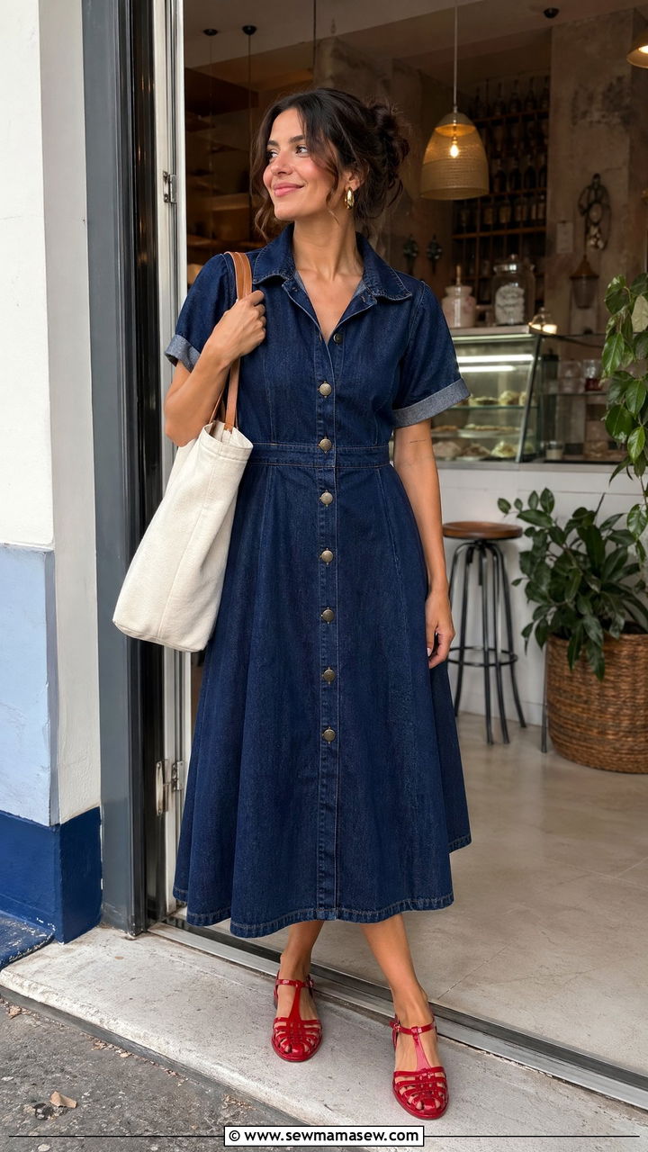 Denim midi dress with red jelly flats and a canvas tote - 35 Spring outfit ideas 2026