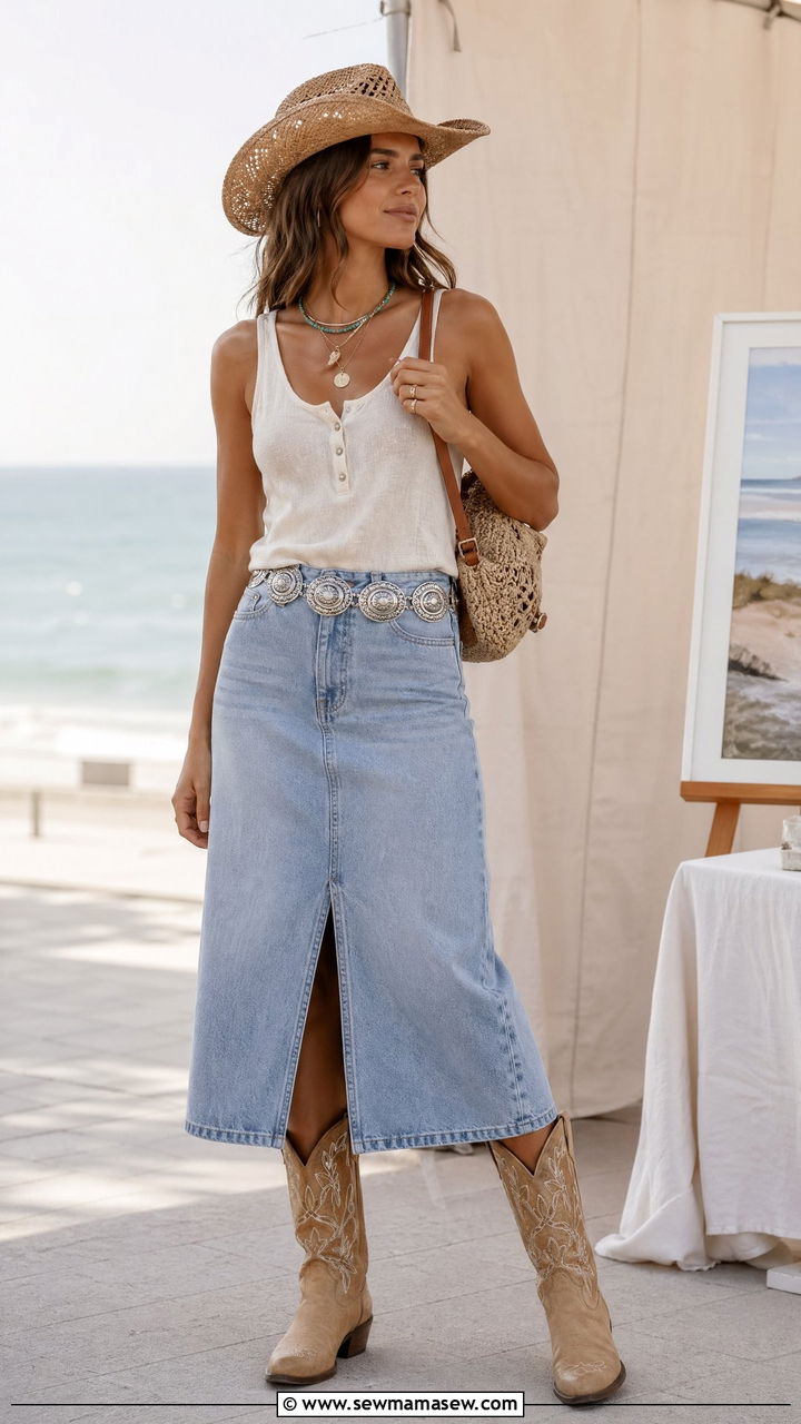 Denim midi skirt and linen tank top with concho belt and boots - 35 Coastal cowgirl outfit ideas summer