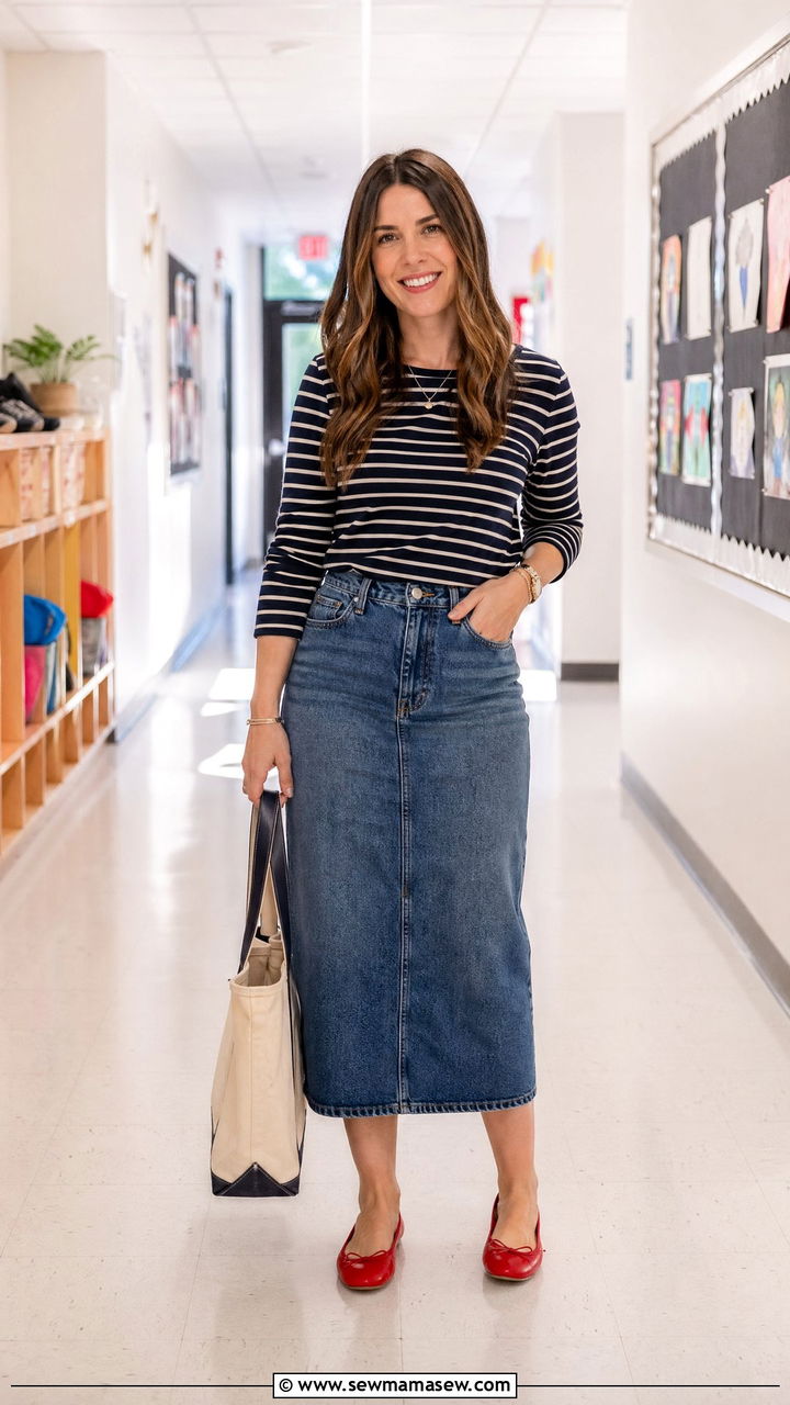 Denim midi skirt with Breton stripe top - 35 Teacher outfits for spring