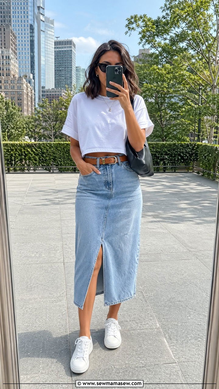 Denim midi skirt with a boxy cropped tee - 35 Vacation outfit ideas summer 2026