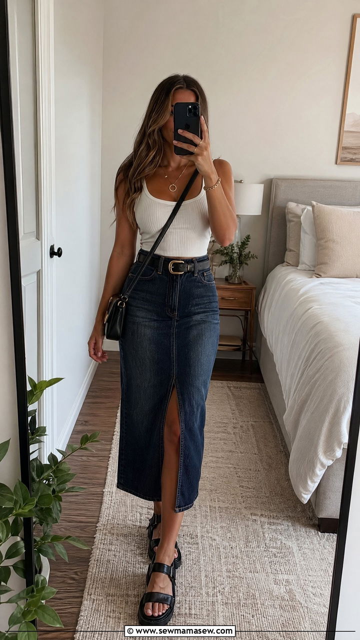 Denim midi skirt with a simple tank and belt - 35 Summer outfits for 30 year old woman