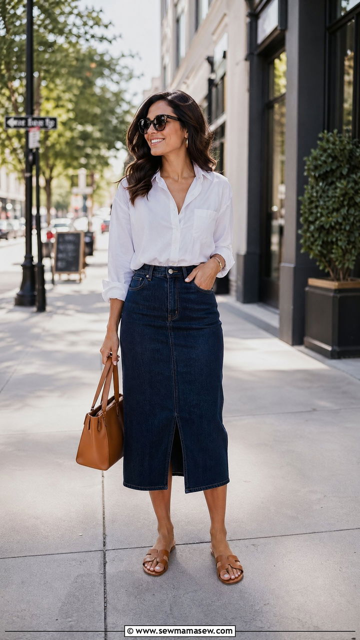 Denim midi skirt with a white button down - 35 summer classy outfit ideas
