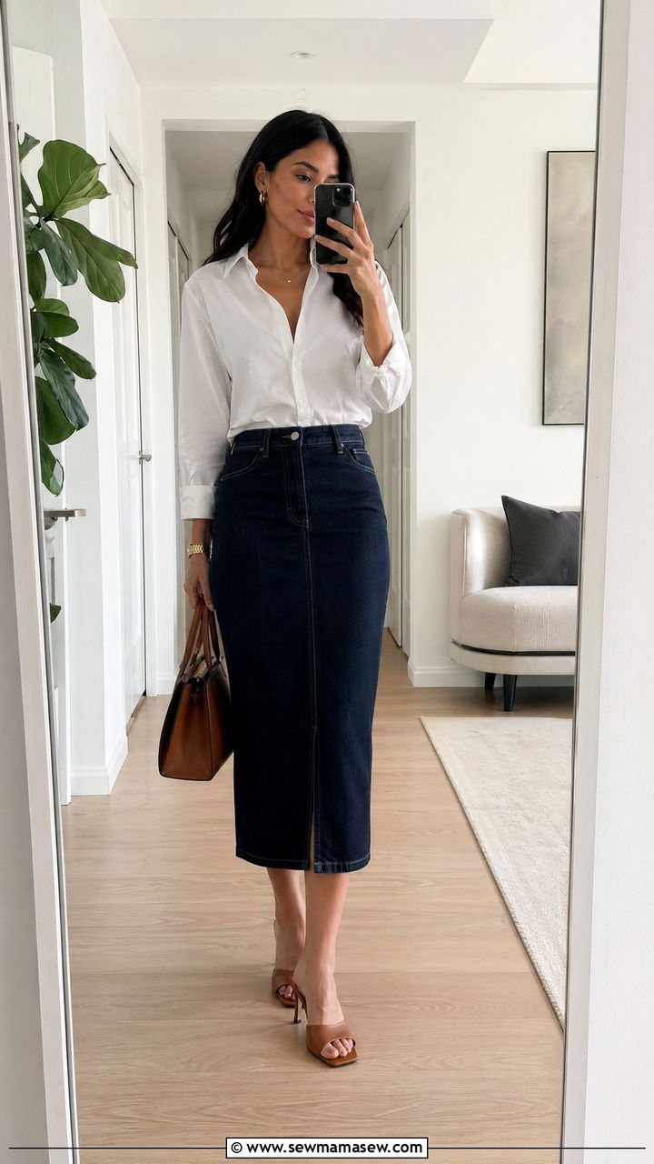 Denim midi skirt with a white button down and heeled mules - 35 Summer business casual outfits for women