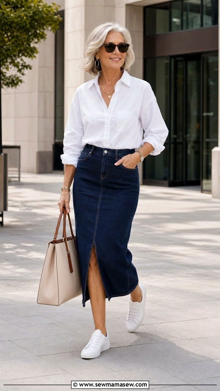 Denim midi skirt with a white button down - 30 Best skirts for women over 60