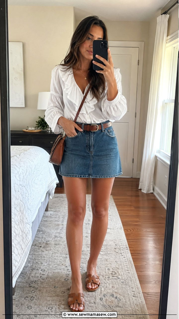 Denim mini skirt and ruffled blouse brunch - 35 chic brunch outfits for women