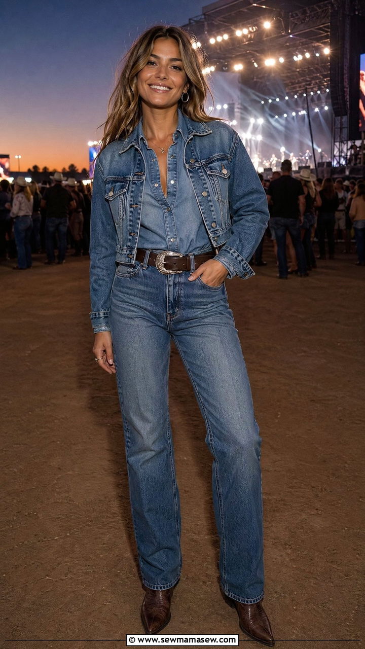 Denim on Denim Jacket and Jeans with Statement Belt - 35 country concert outfit ideas for women