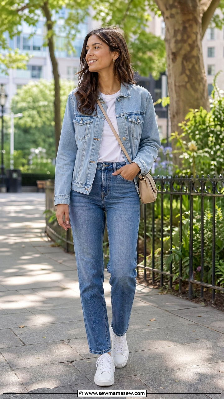 Denim on Denim Outfit With White Sneakers - 35 what to wear to a birthday