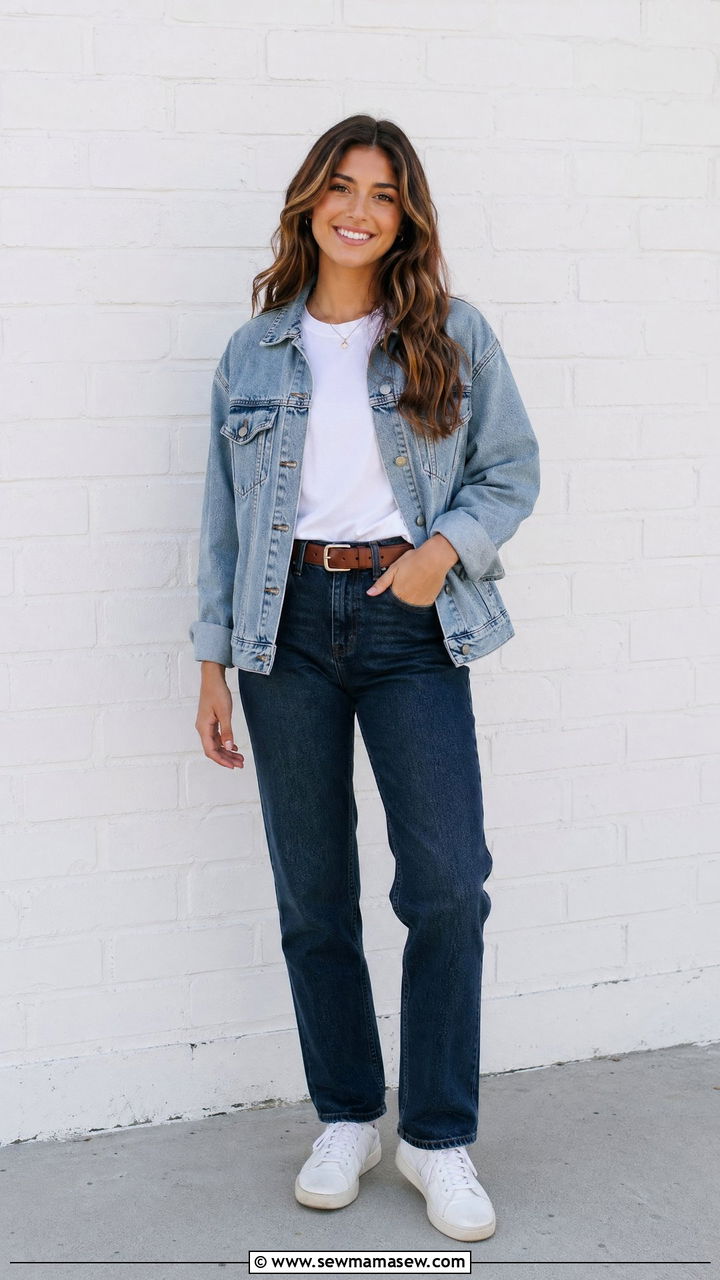 Denim on Denim Outfit with White Sneakers - 35 college outfit ideas for women