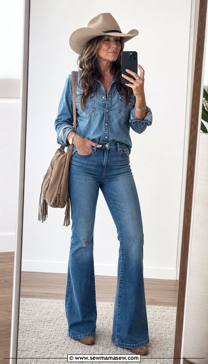 Denim on denim with cowboy hat and suede bag - 30 Western outfit ideas for women over 40
