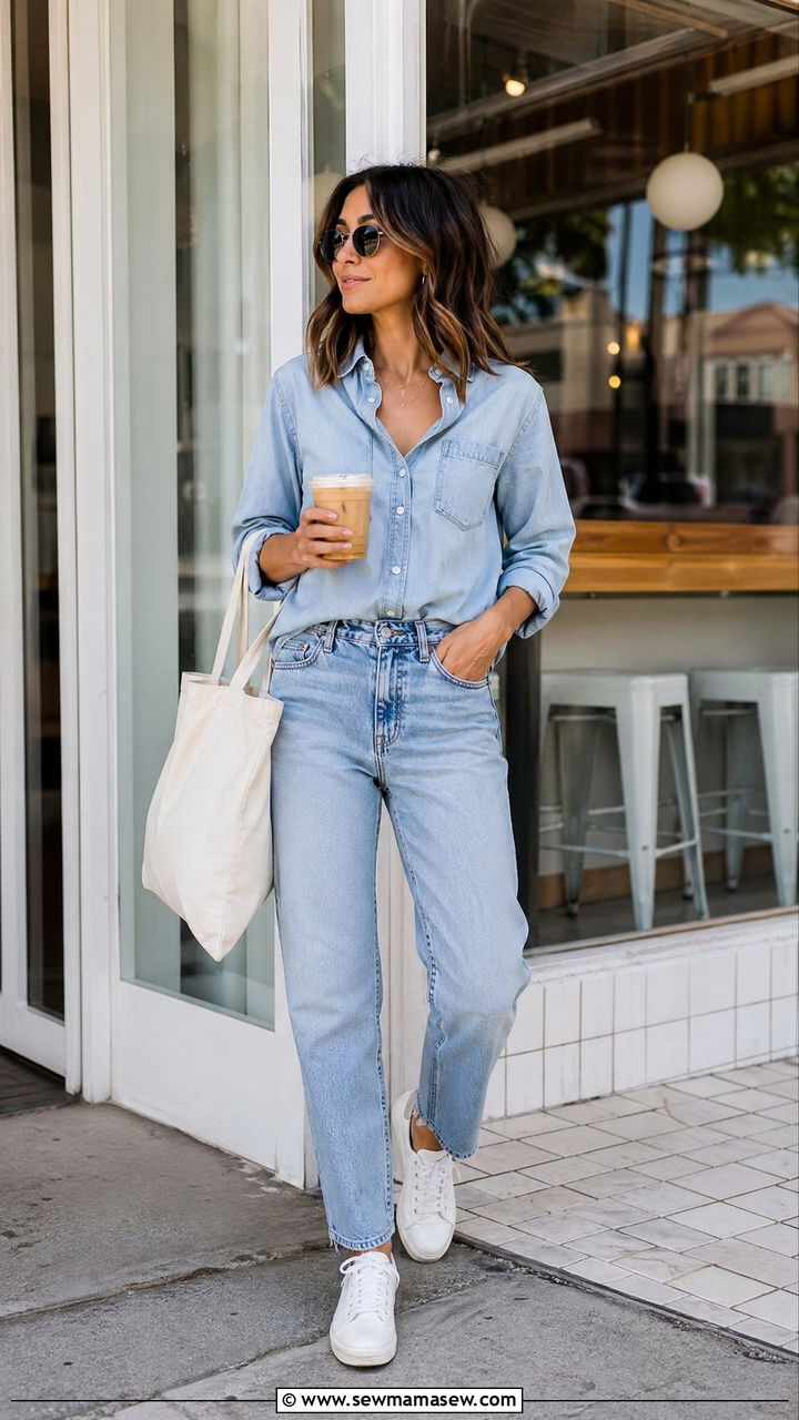 Denim on denim with white sneakers - 35 summer outfits for moms